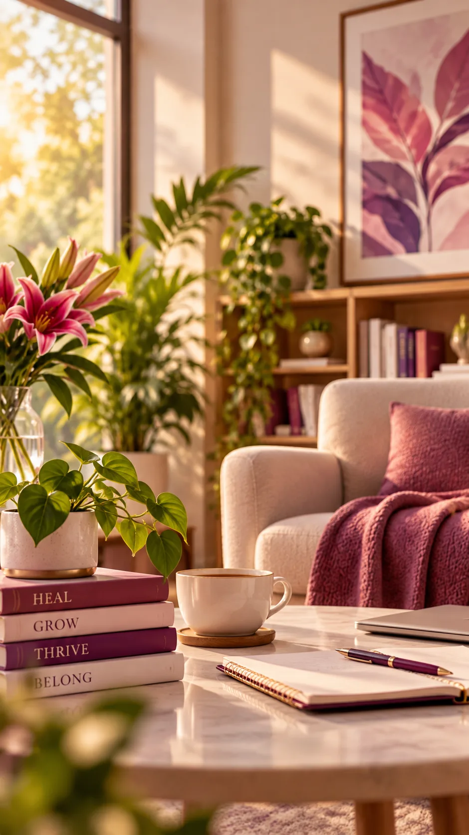 A sunlit lounge with lilies, plants and books titled Heal, Grow, Thrive and Belong